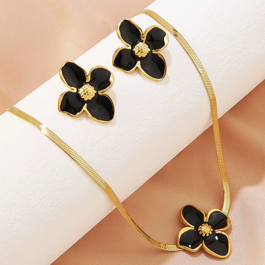 Parure FIDJI – Collier & boucles d’oreilles Fleur noire en acier inoxydable doré