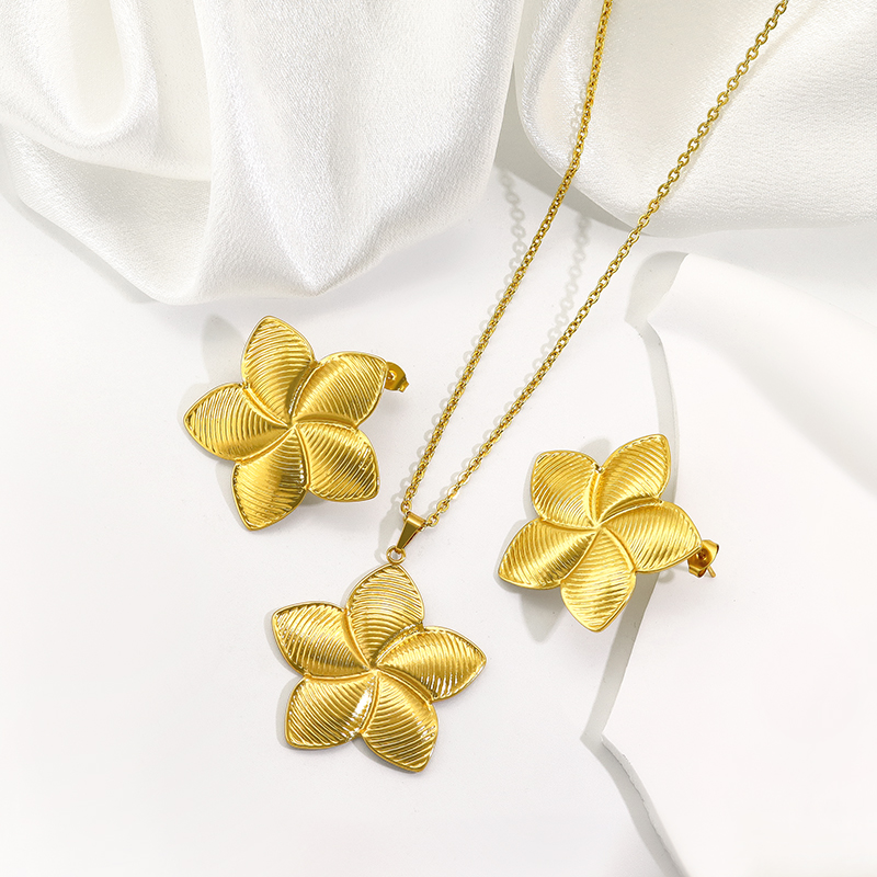 Parure collier et boucles d’oreilles femme grande fleur tiare en acier inoxydable doré