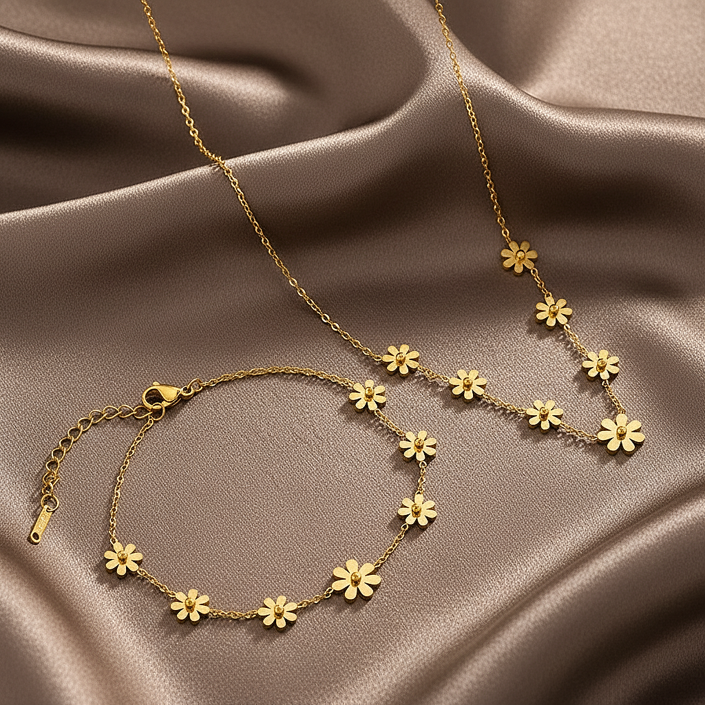 Parure dorée composée d'un collier et d'un bracelet en acier inoxydable 316L ornée de petites fleurs, style bohème romantique