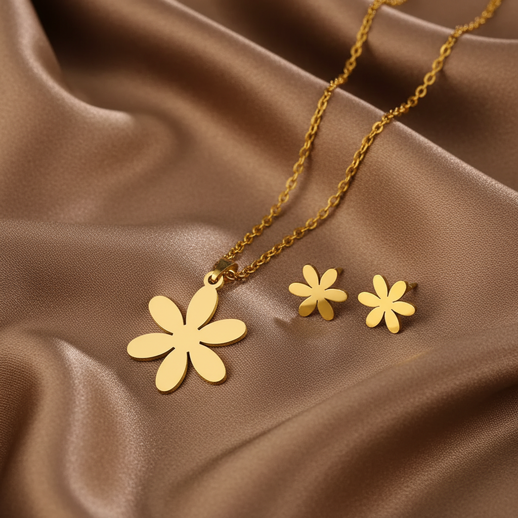 Parure petite fleur comprenant un collier et des boucles d'oreilles en acier inoxydable 316L doré poli miroir.