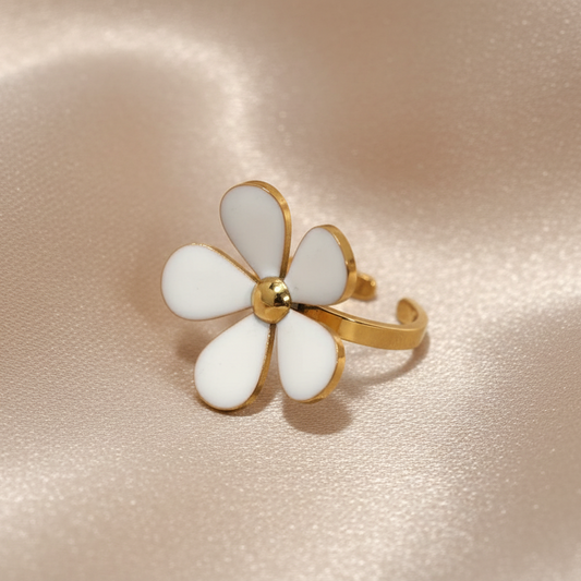 Bague fleur pour femme en acier doré et émail blanc, style bohème et tendance