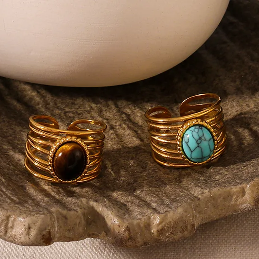Bague CHEYENNE –  Oeil de Tigre ou Turquoise naturelle et acier inoxydable doré