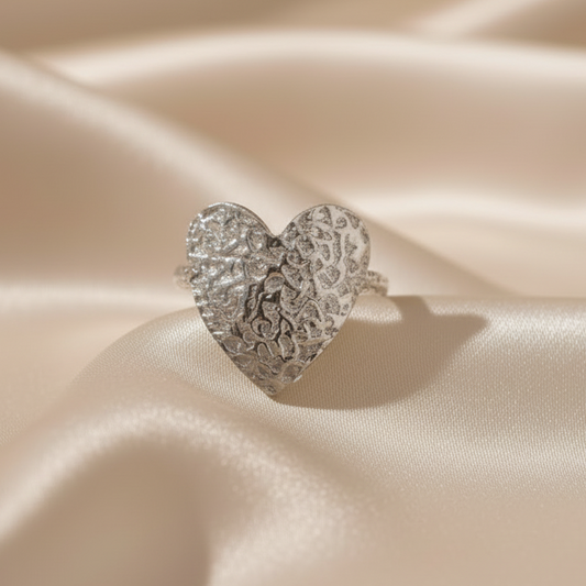 Bague pour femme en acier inoxydable argenté, grand coeur martelé, bijou bohème