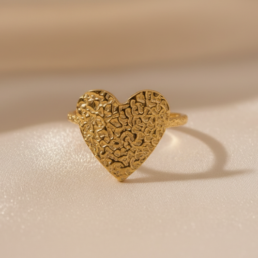 Bague pour femme en acier inoxydable doré, grand coeur martelé, bijou bohème
