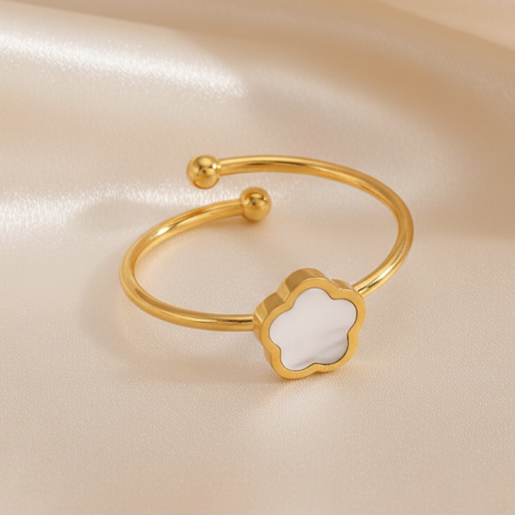 Bague ajustable en acier inoxydable doré, ornée d’une fleur en nacre, bijou bohème et intemporel