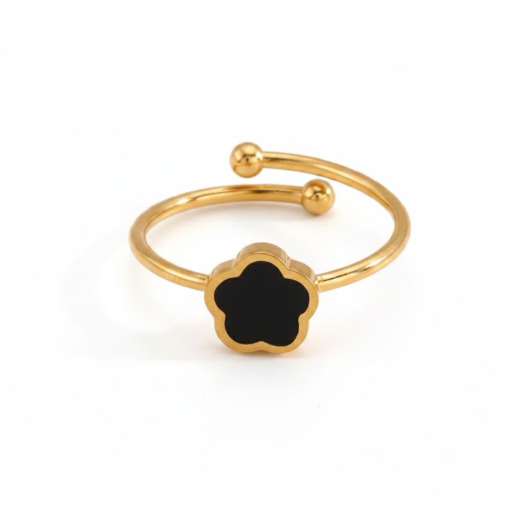 Bague dorée ajustable en acier inoxydable, ornée d’une fleur en pierre naturelle agate noire.