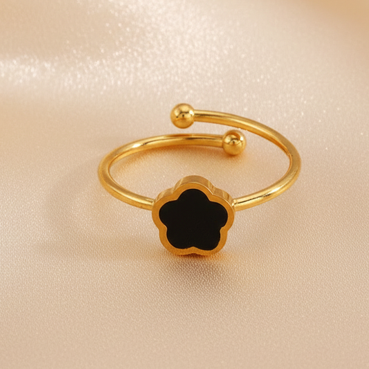 Bague ajustable en acier inoxydable, ornée d’une fleur en pierre naturelle Agate noire, bijou bohème et intemporel 