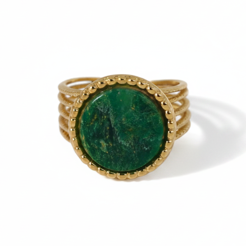 Bague en acier inoxydable 316L doré avec pierre naturelle Jade africain.