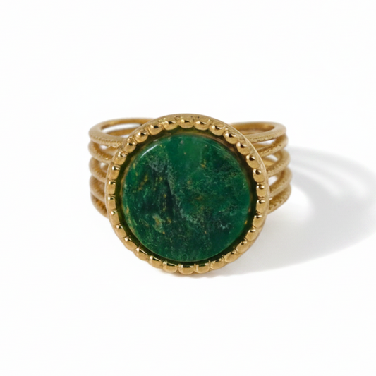 Bague en acier inoxydable 316L doré avec pierre naturelle Jade africain.