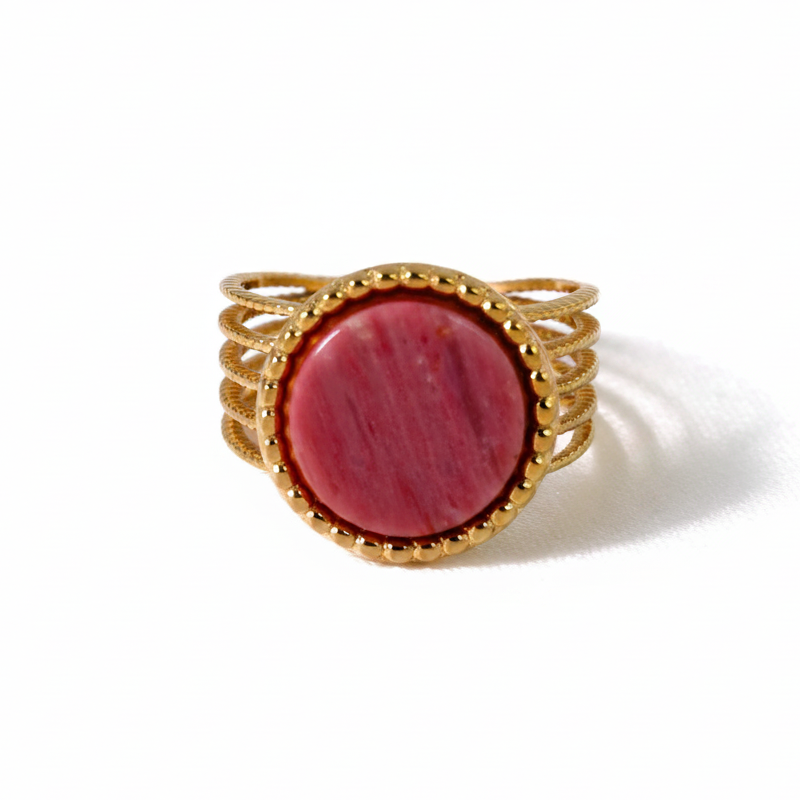 Bague en acier inoxydable 316L doré avec pierre naturelle Rhodochrosite.