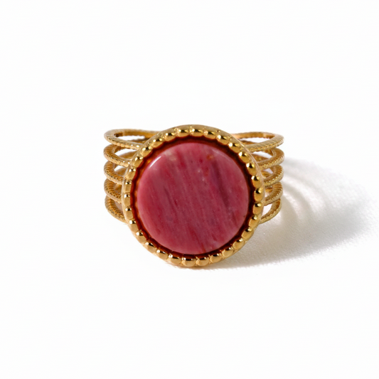 Bague en acier inoxydable 316L doré avec pierre naturelle Rhodochrosite.