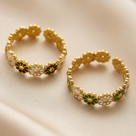 Bague couronne de fleurs en acier inoxydable doré et émail noir ou vert et blanc ajustable, bijou bohème