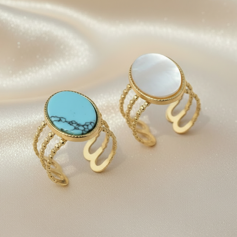 Bagues dorées en acier inoxydable avec pierre naturelle turquoise ou nacre, bijou bohème