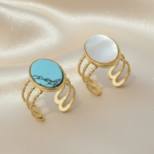 Bagues dorées en acier inoxydable avec pierre naturelle turquoise ou nacre, bijou bohème