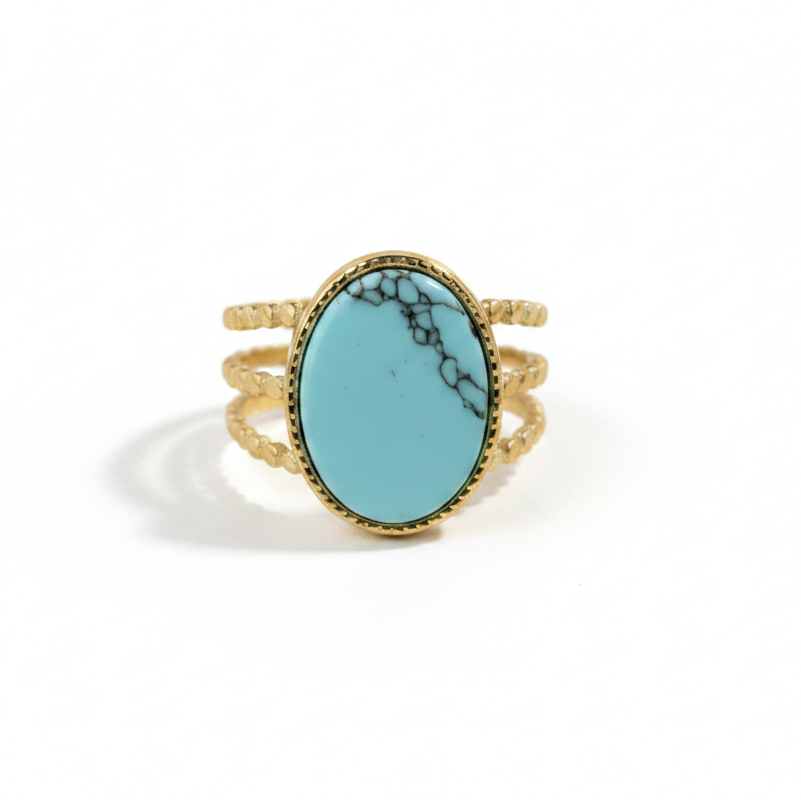 Bague dorée en acier inoxydable ornée d'une pierre naturelle turquoise ovale de face.