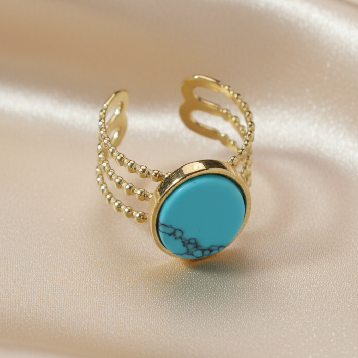 Bague dorée en acier inoxydable avec pierre naturelle turquoise, bijou bohème