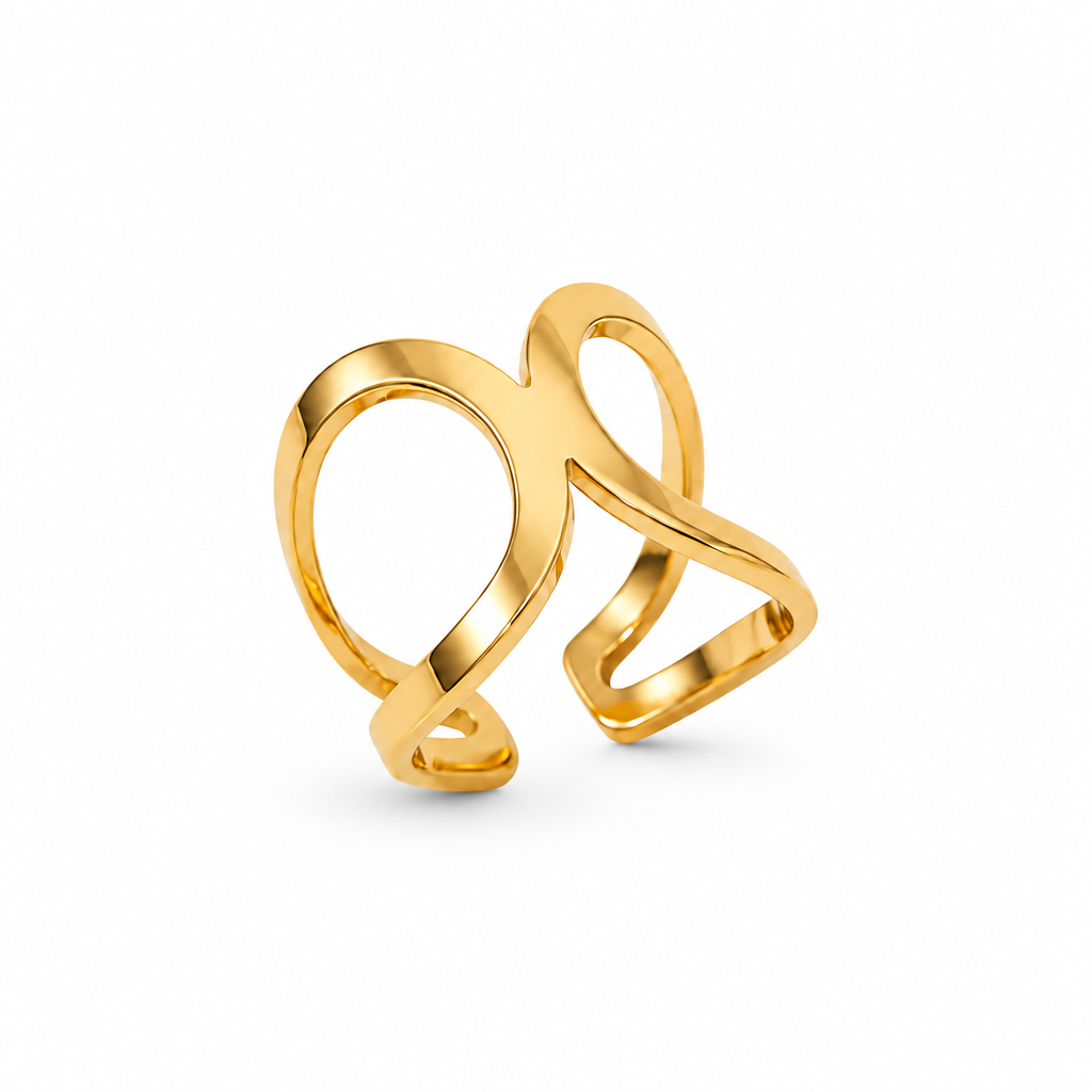 Bague double coeur ajouré en acier inoxydable 316L doré ajustable.