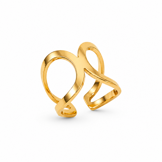 Bague double coeur ajouré en acier inoxydable 316L doré ajustable.
