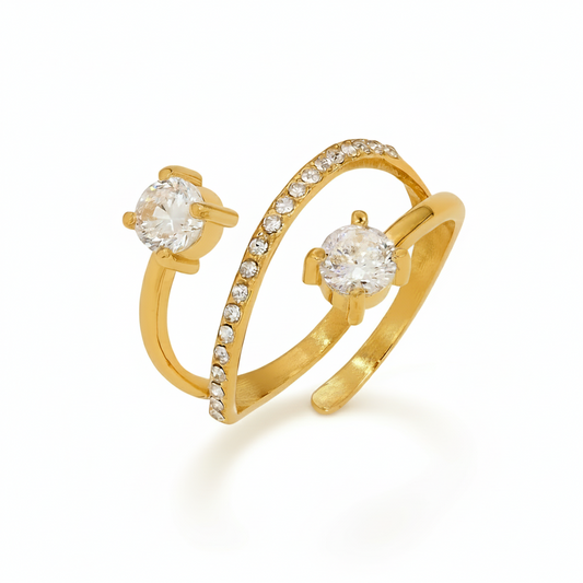bague anneau dorée en acier inoxydable 316L avec zircons blancs.