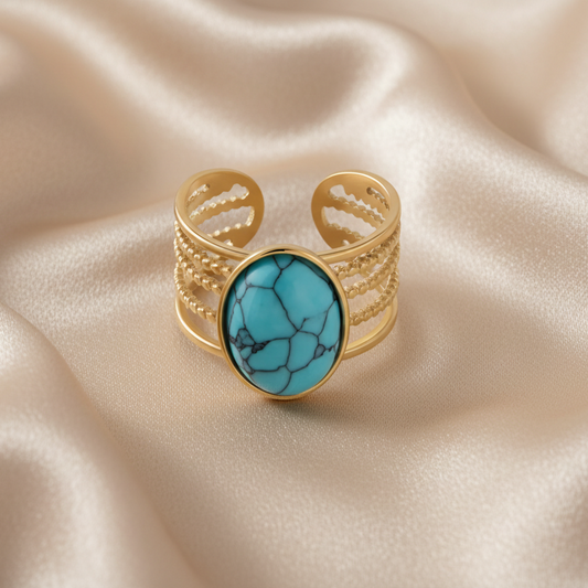 Bague dorée en acier inoxydable et pierre naturelle turquoise, style bohème et tendance