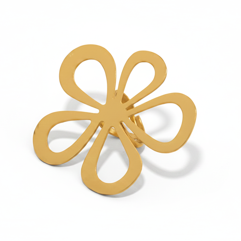 Bague grande fleur dorée poli miroir en acier inoxydable.