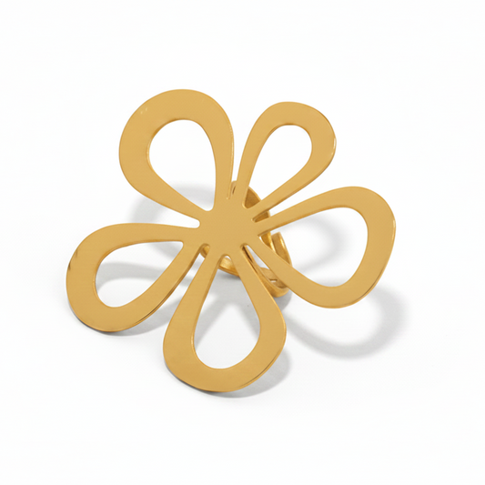 Bague grande fleur dorée poli miroir en acier inoxydable.