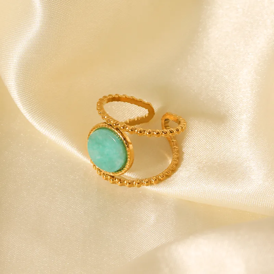 Bague dorée en acier inoxydable ornée d’une pierre naturelle Amazonite, bijou bohème