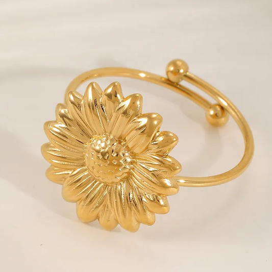 Bague ajustable en acier inoxydable ornée d'une fleur dorée, bijou bohème et intemporel