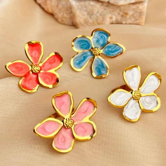 Bague FIDJI – Grande fleur rouge, bleue, rose ou blanche en acier inoxydable doré
