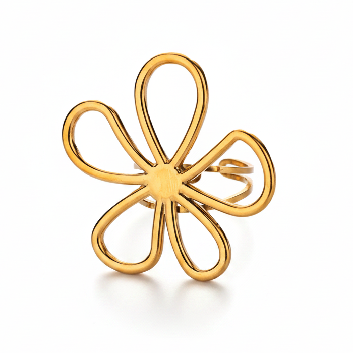 Bague en acier inoxydable doré, ornée d’une grande fleur ajourée.