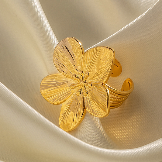 Bague HAWAII – Grande fleur dorée en acier inoxydable