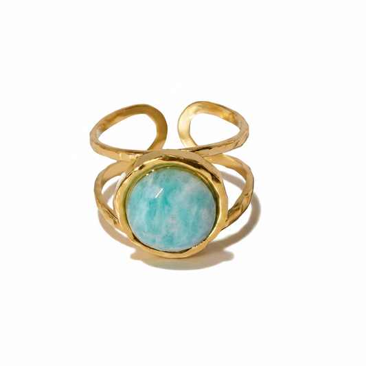 Bague dorée en acier inoxydable ornée d’une pierre naturelle 