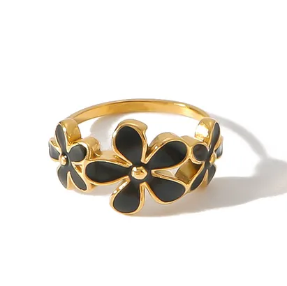 Bague dorée ajustable en acier inoxydable avec trois fleurs en émail noir