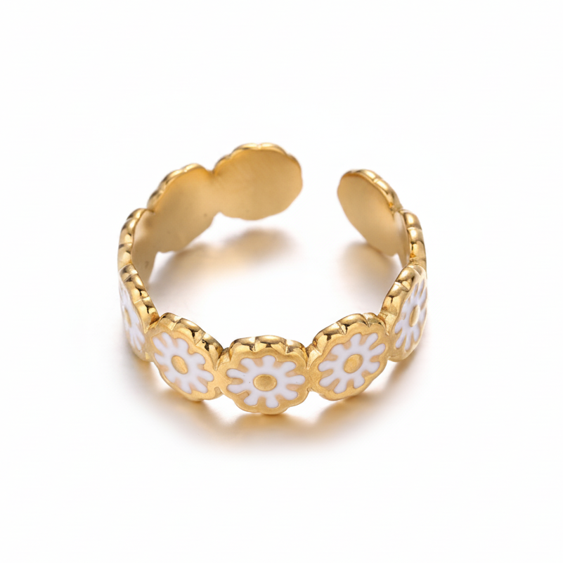 Bague couronne de fleurs blanches délicates en acier doré ajustable – modèle MARGOT