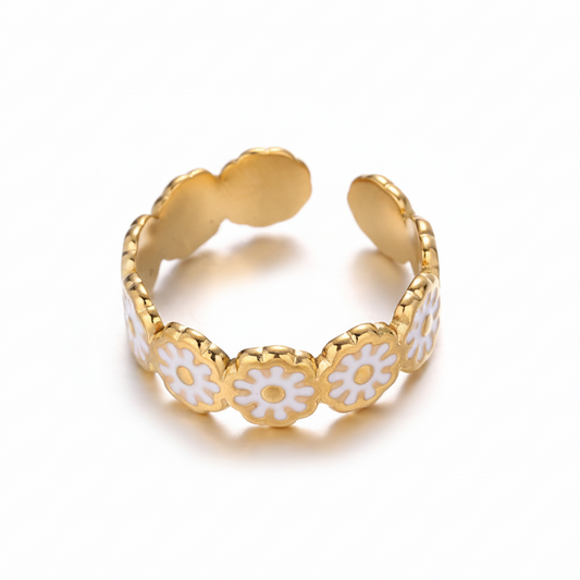 Bague couronne de fleurs blanches délicates en acier doré ajustable – modèle MARGOT