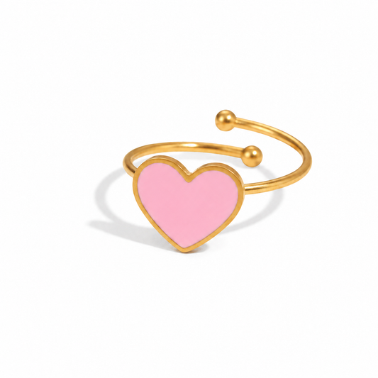 Bague enfant coeur en émail rose et acier inoxydable doré.
