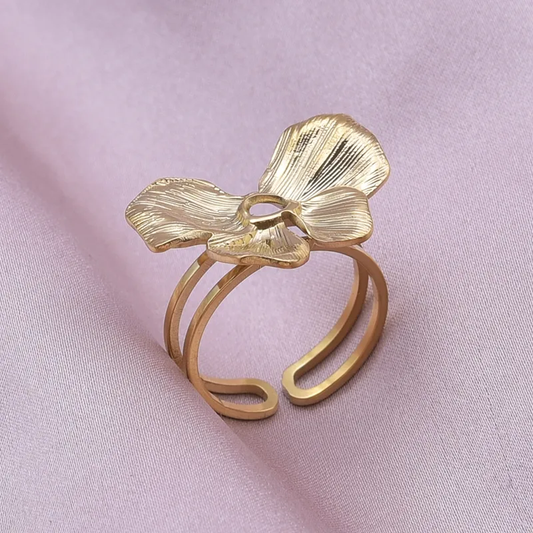 Bague dorée ajustable en acier inoxydable avec fleur papillon, bijou bohème
