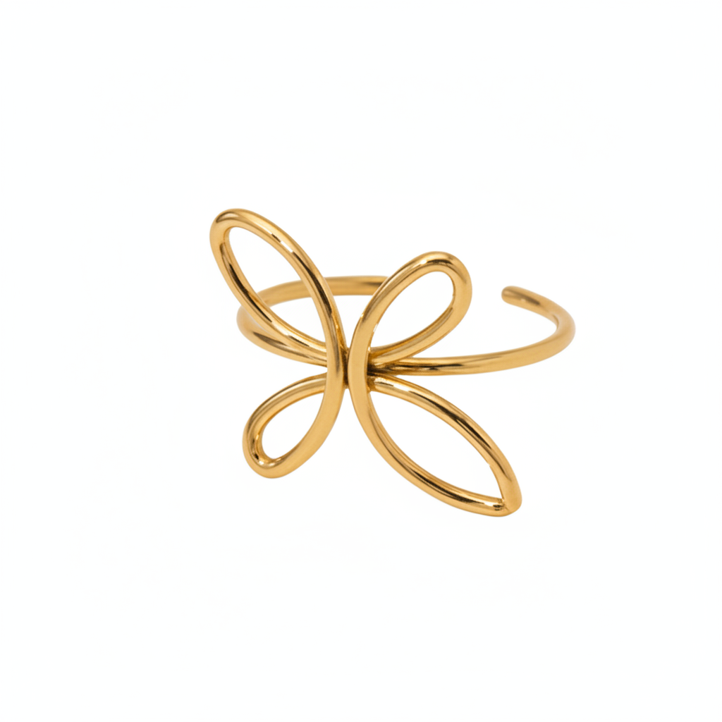 Bague fleur stylisée en acier inoxydable 316L doré.