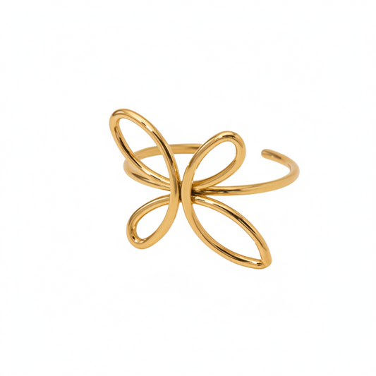 Bague fleur stylisée en acier inoxydable 316L doré.