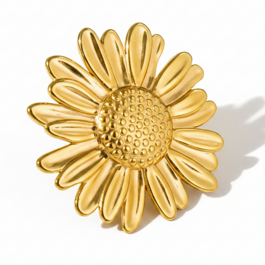 Bague dorée ajustable en acier inoxydable, avec grande fleur marguerite.