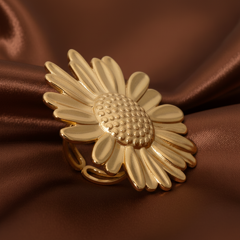 Gros plan sur une bague ajustable en acier inoxydable doré, avec grande fleur marguerite