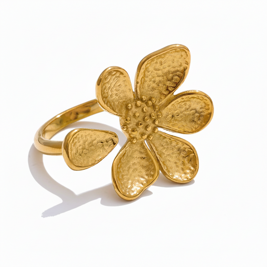 Bague fleur stylisée en acier inoxydable 316L doré.