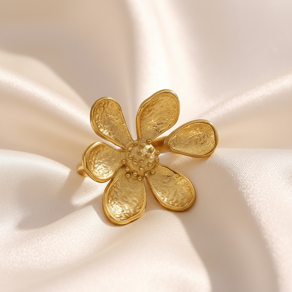 Bague fleur en acier inoxydable 316L doré.