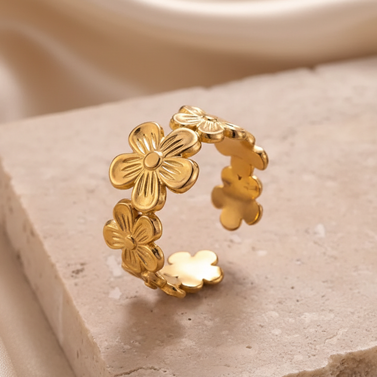 Bague ajustable en acier inoxydable doré, ornée d'une couronne de fleurs, bijou bohème 
