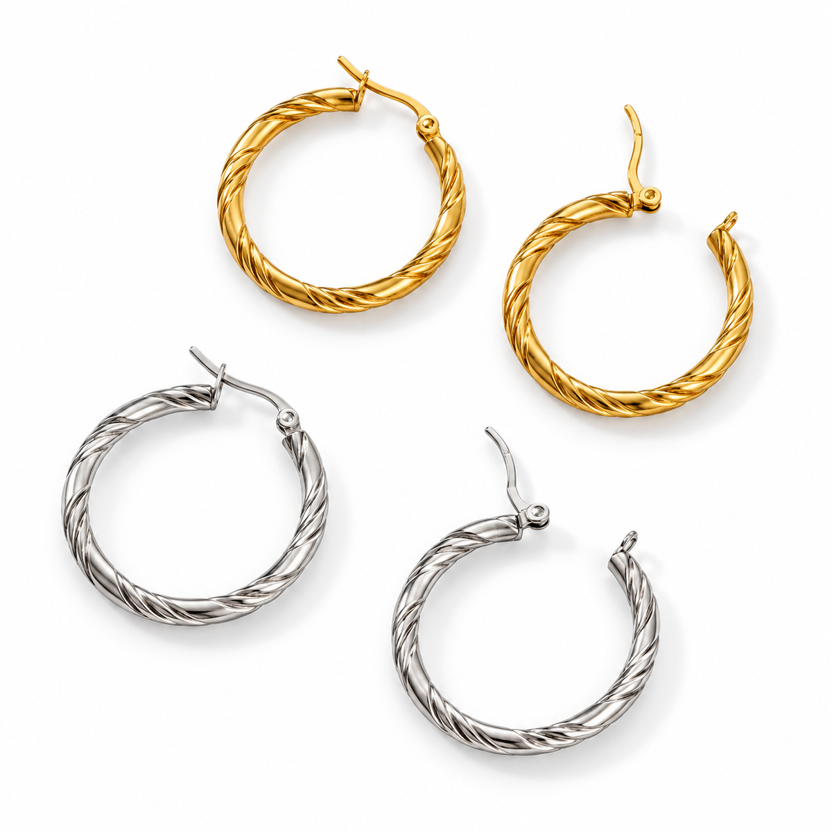 Boucles créoles rondes torsadées en acier inoxydable 316L doré/argenté.