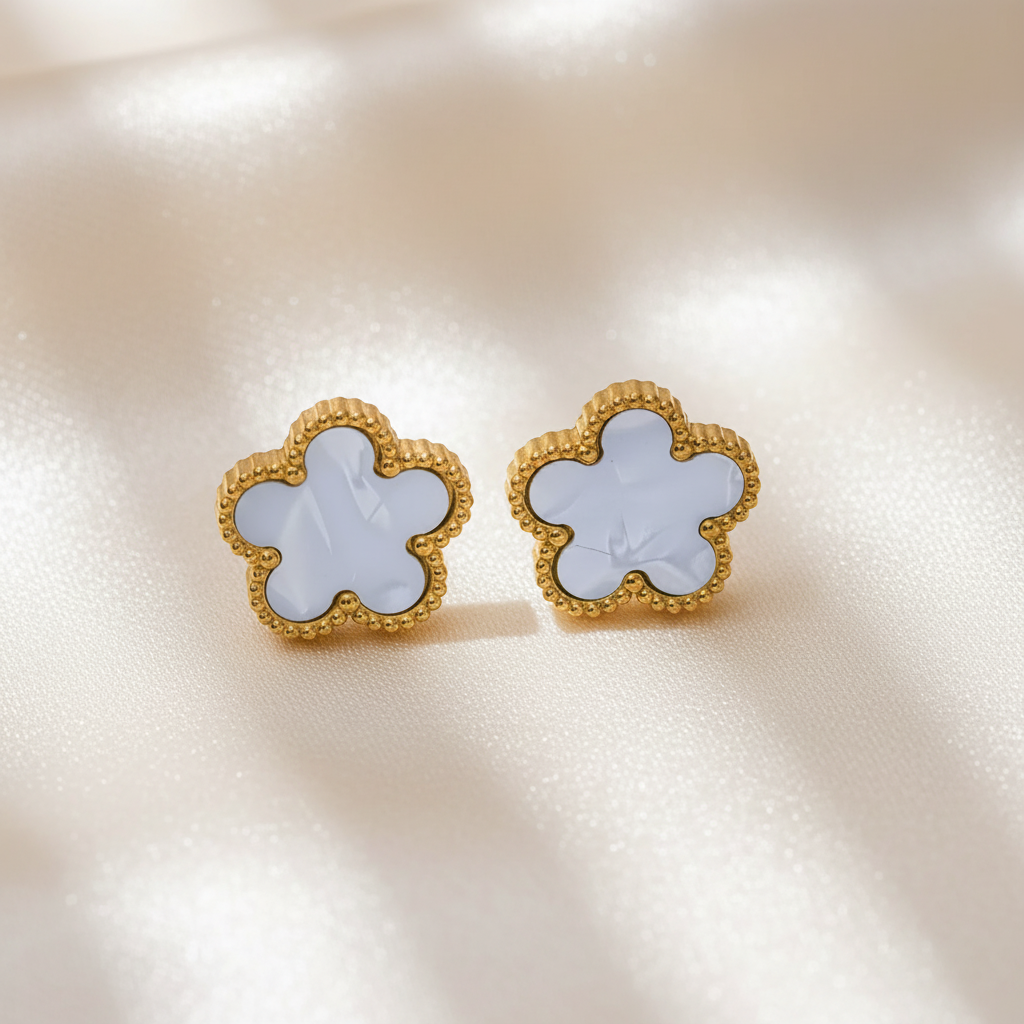Boucles d’oreilles fleur pour femme en acier inoxydable doré et nacre blanche, puce 1,2 cm