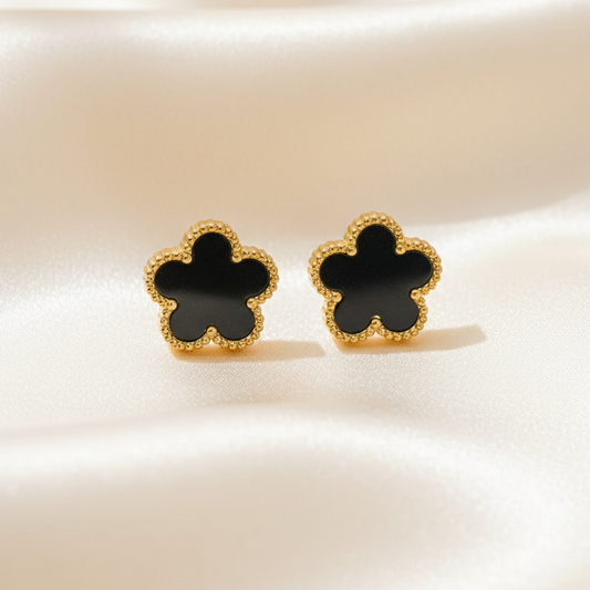 Boucles d’oreilles fleur pour femme en acier inoxydable doré et pierre naturelle noire, puce 1,2 cm, style bohème 