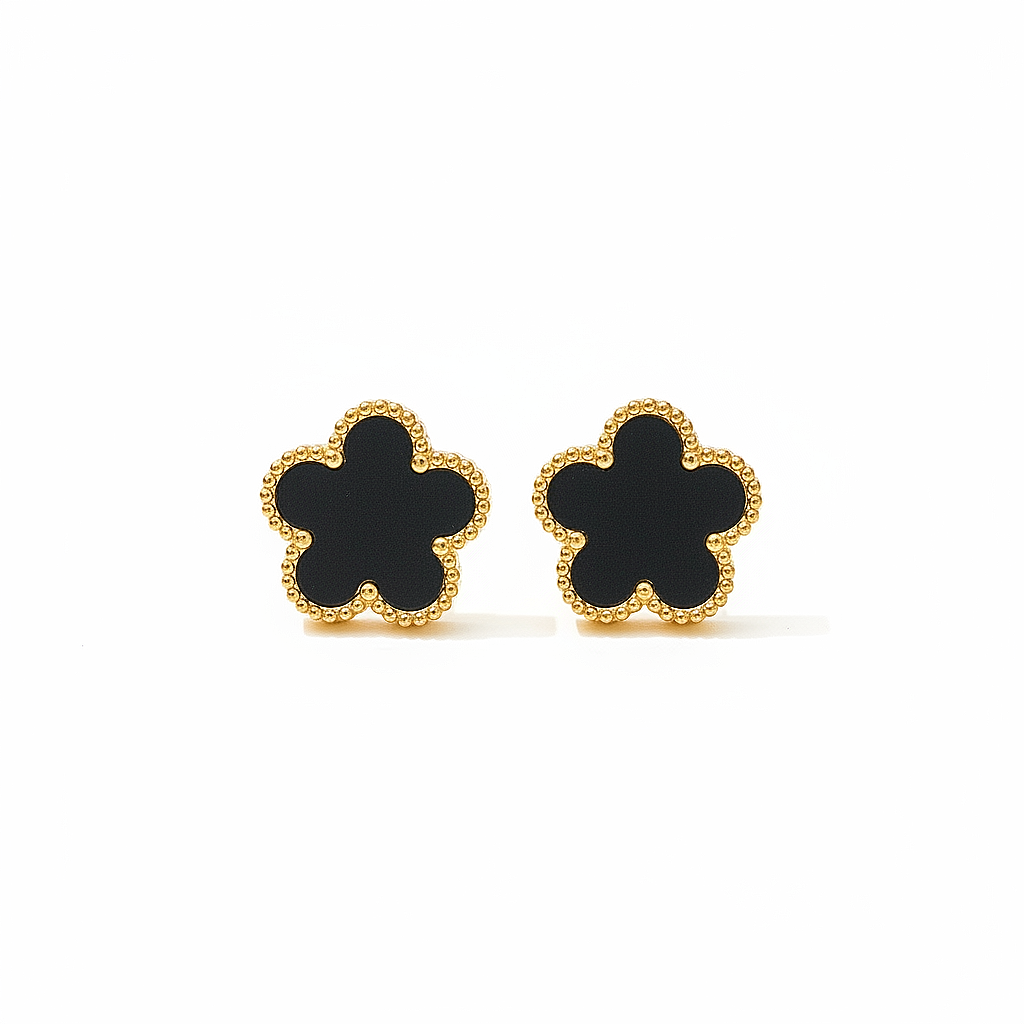 Boucles d’oreilles fleur en acier inoxydable doré orné d'une pierre naturelle noire, puce 1,2 cm.