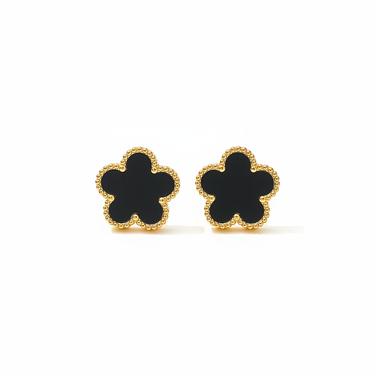 Boucles d’oreilles fleur en acier inoxydable doré orné d'une pierre naturelle noire, puce 1,2 cm.