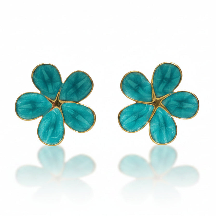 Boucles d'oreilles fleur 2,5 cm en acier inoxydable 316L doré émaillé bleu mer tropicale.